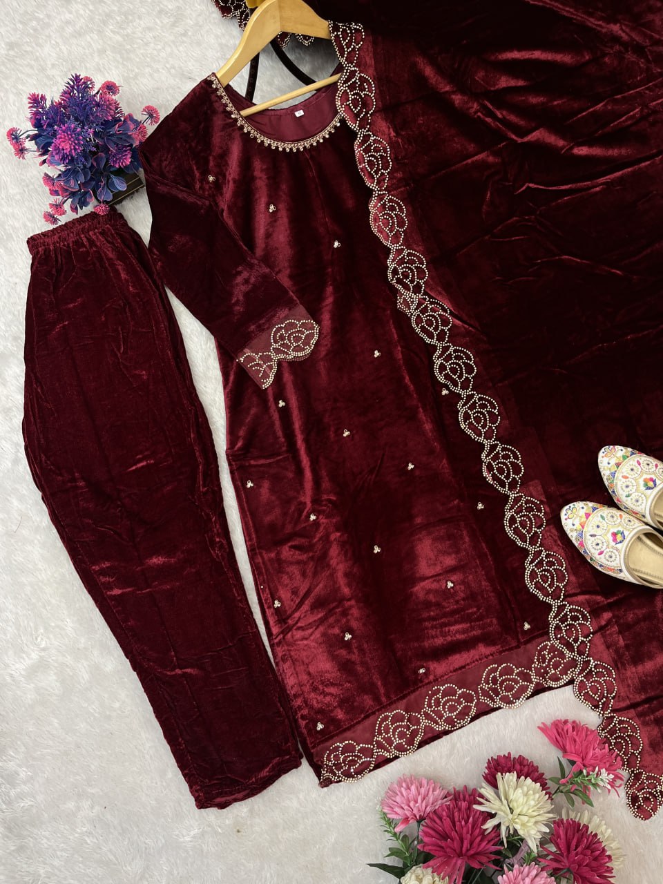 Beautifull Heavy Viscose Velvet With Rhinestones Work Top Pent