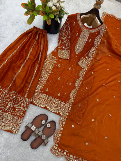 Beautiful Fendy Silk Suit With Embroidery Coding And Sequence Work