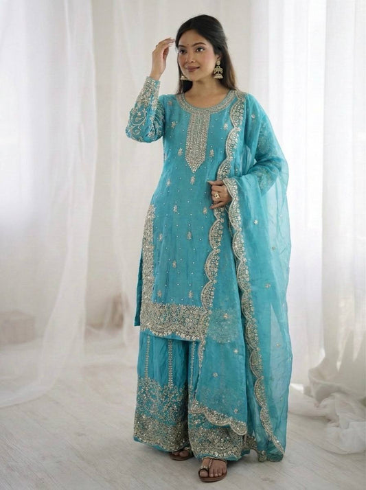 Beautiful Fendy Silk Suit With Embroidery Coding And Sequence Work