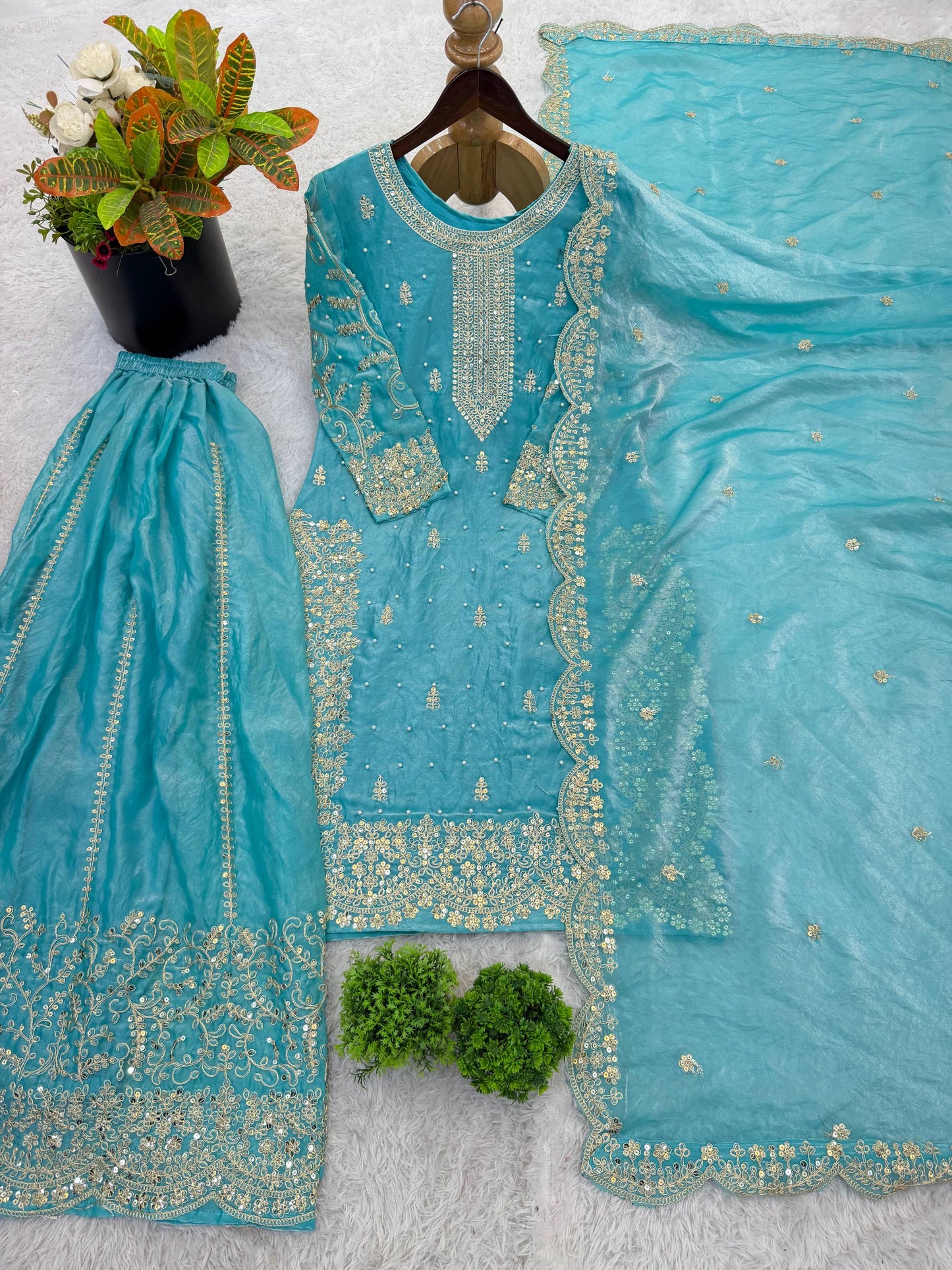 Beautiful Fendy Silk Suit With Embroidery Coding And Sequence Work