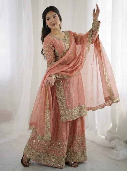 Beautiful Fendy Silk Suit With Embroidery Coding And Sequence Work