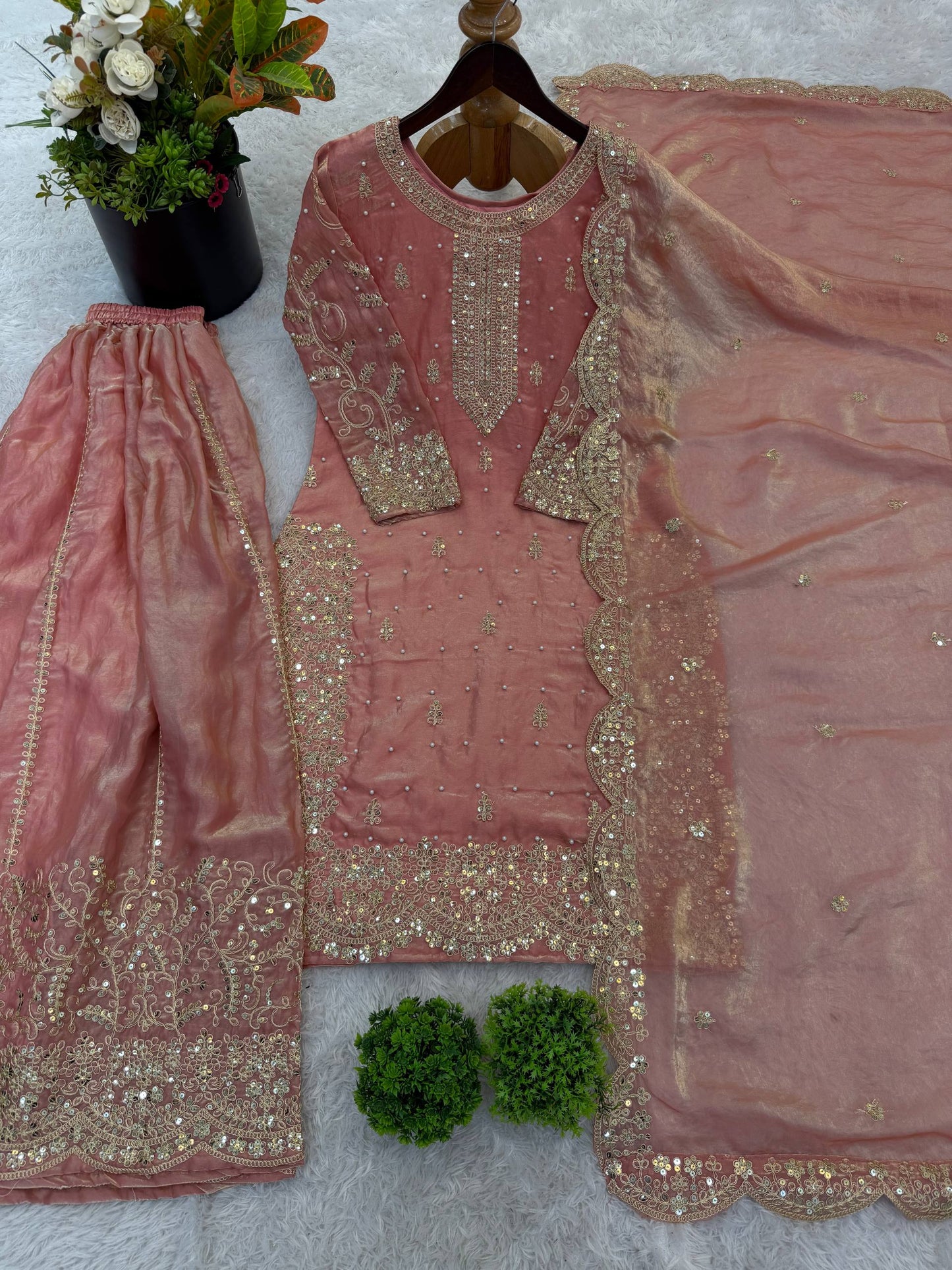 Beautiful Fendy Silk Suit With Embroidery Coding And Sequence Work