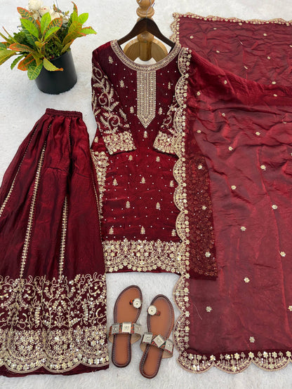 Beautiful Fendy Silk Suit With Embroidery Coding And Sequence Work