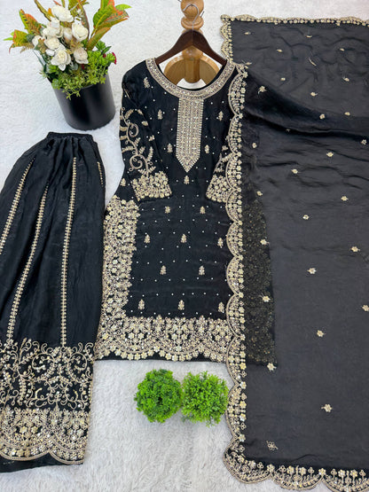 Beautiful Fendy Silk Suit With Embroidery Coding And Sequence Work