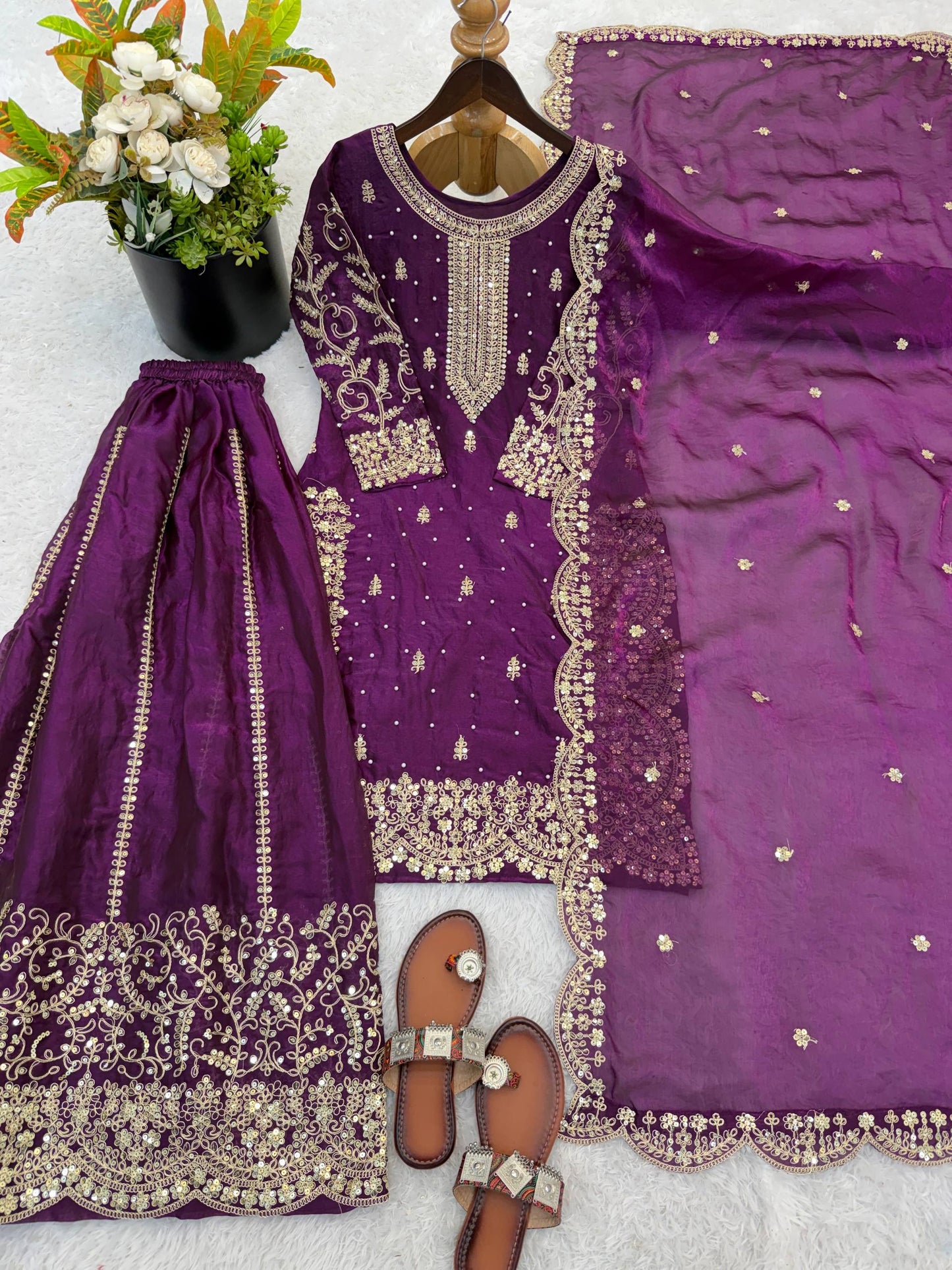 Beautiful Fendy Silk Suit With Embroidery Coding And Sequence Work