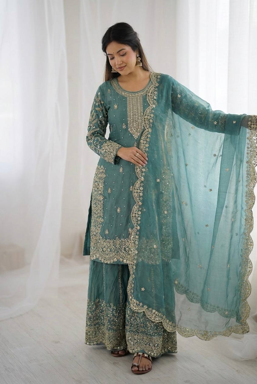 Beautiful Fendy Silk Suit With Embroidery Coding And Sequence Work