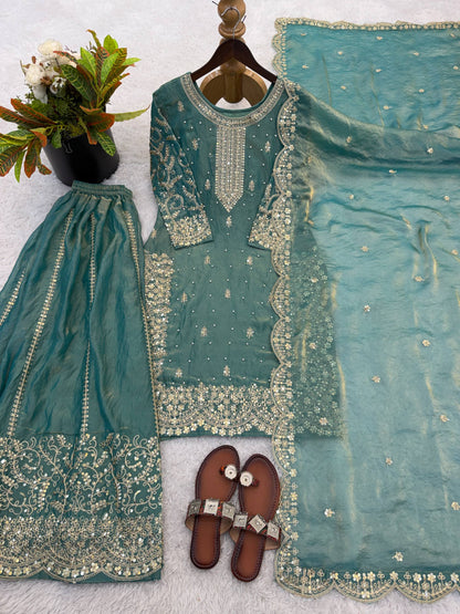 Beautiful Fendy Silk Suit With Embroidery Coding And Sequence Work