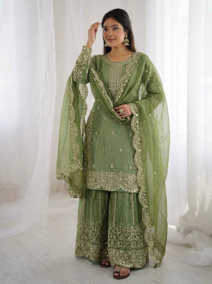Beautiful Fendy Silk Suit With Embroidery Coding And Sequence Work