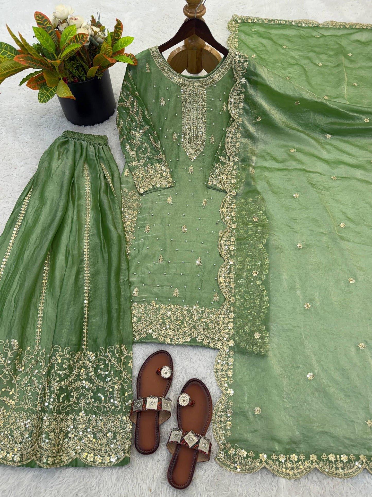 Beautiful Fendy Silk Suit With Embroidery Coding And Sequence Work