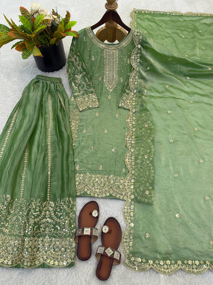 Beautiful Fendy Silk Suit With Embroidery Coding And Sequence Work