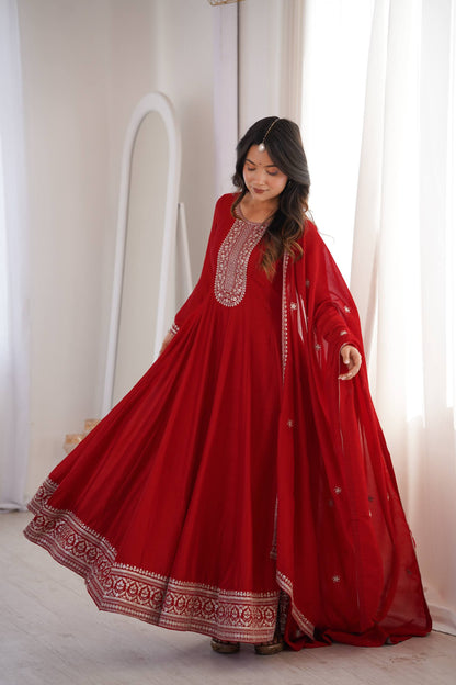 Beautifull Red Color Vichitra Silk With Fancy Churidar Sleeves Anarkali