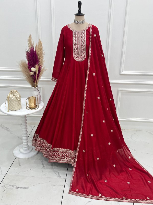 Beautifull Red Color Vichitra Silk With Fancy Churidar Sleeves Anarkali