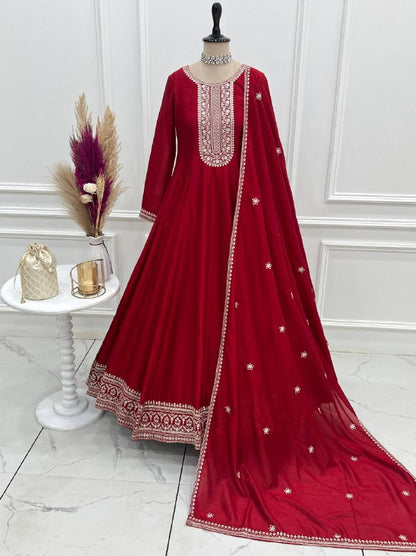Beautifull Red Color Vichitra Silk With Fancy Churidar Sleeves Anarkali