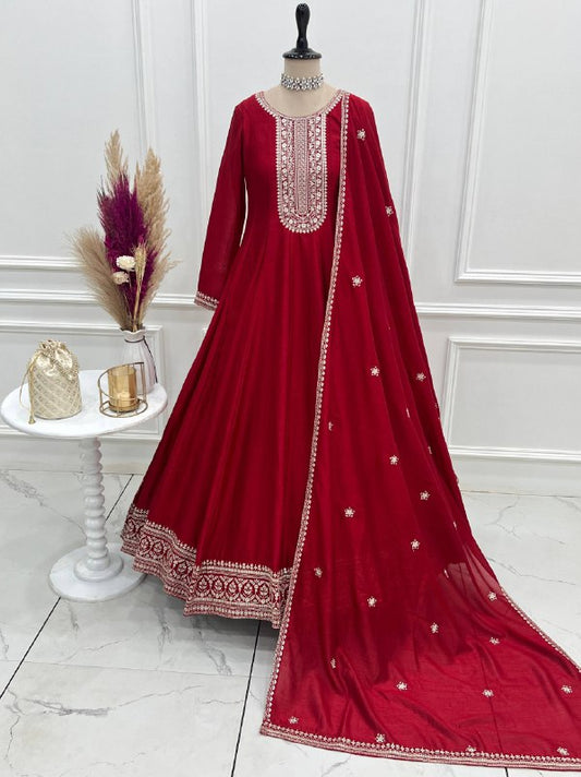 Beautifull Red Color Vichitra Silk With Fancy Churidar Sleeves Anarkali