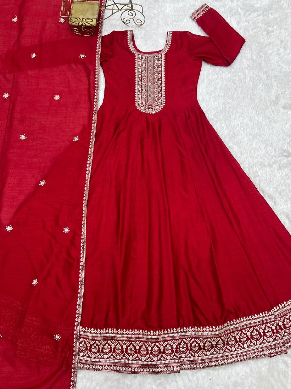 Beautifull Red Color Vichitra Silk With Fancy Churidar Sleeves Anarkali