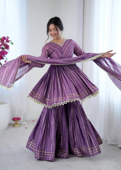 White Color Mal Chanderi Fabric With Mirror Work Top Sharara