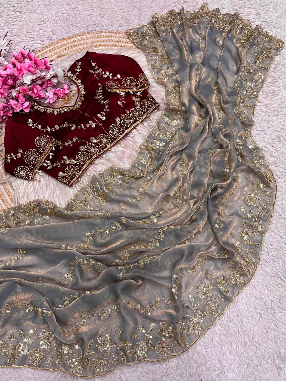 Beautifull Chiffon Two Ton With Sequience Work Saree