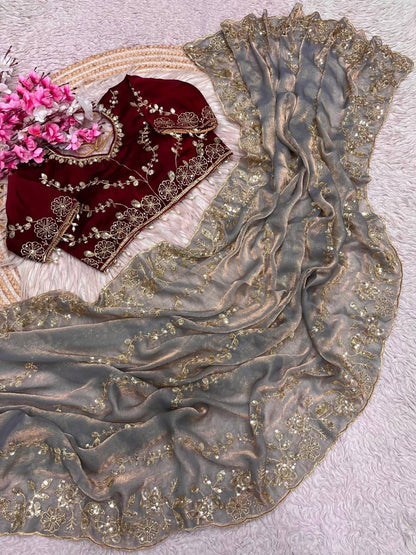 Beautifull Chiffon Two Ton With Sequience Work Saree