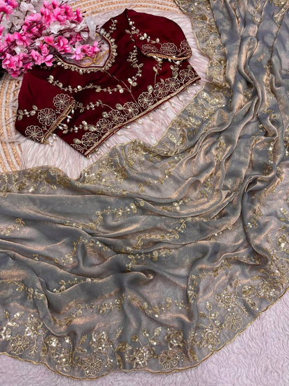 Beautifull Chiffon Two Ton With Sequience Work Saree