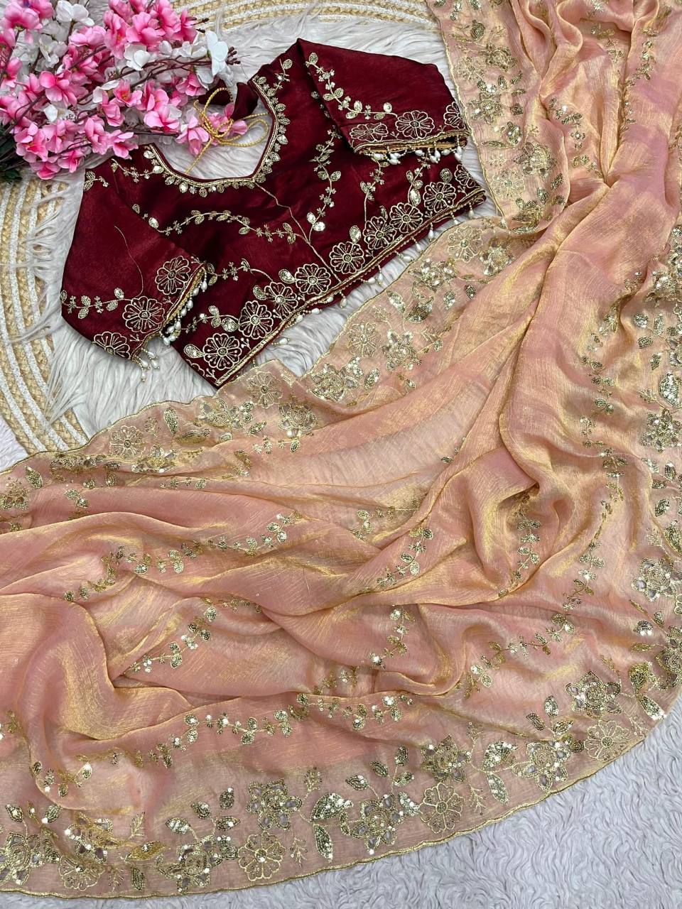 Beautifull Chiffon Two Ton With Sequience Work Saree