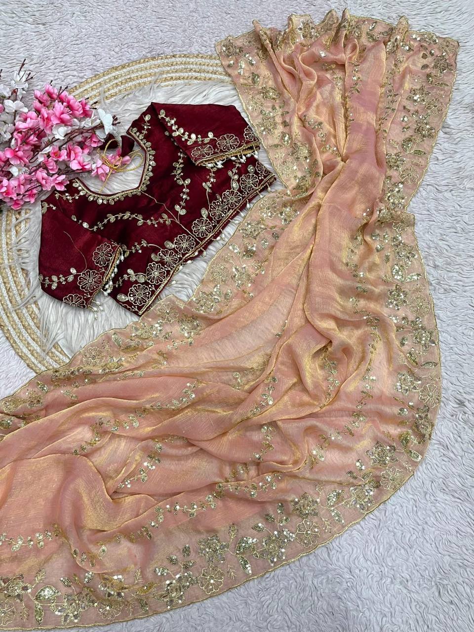 Beautifull Chiffon Two Ton With Sequience Work Saree