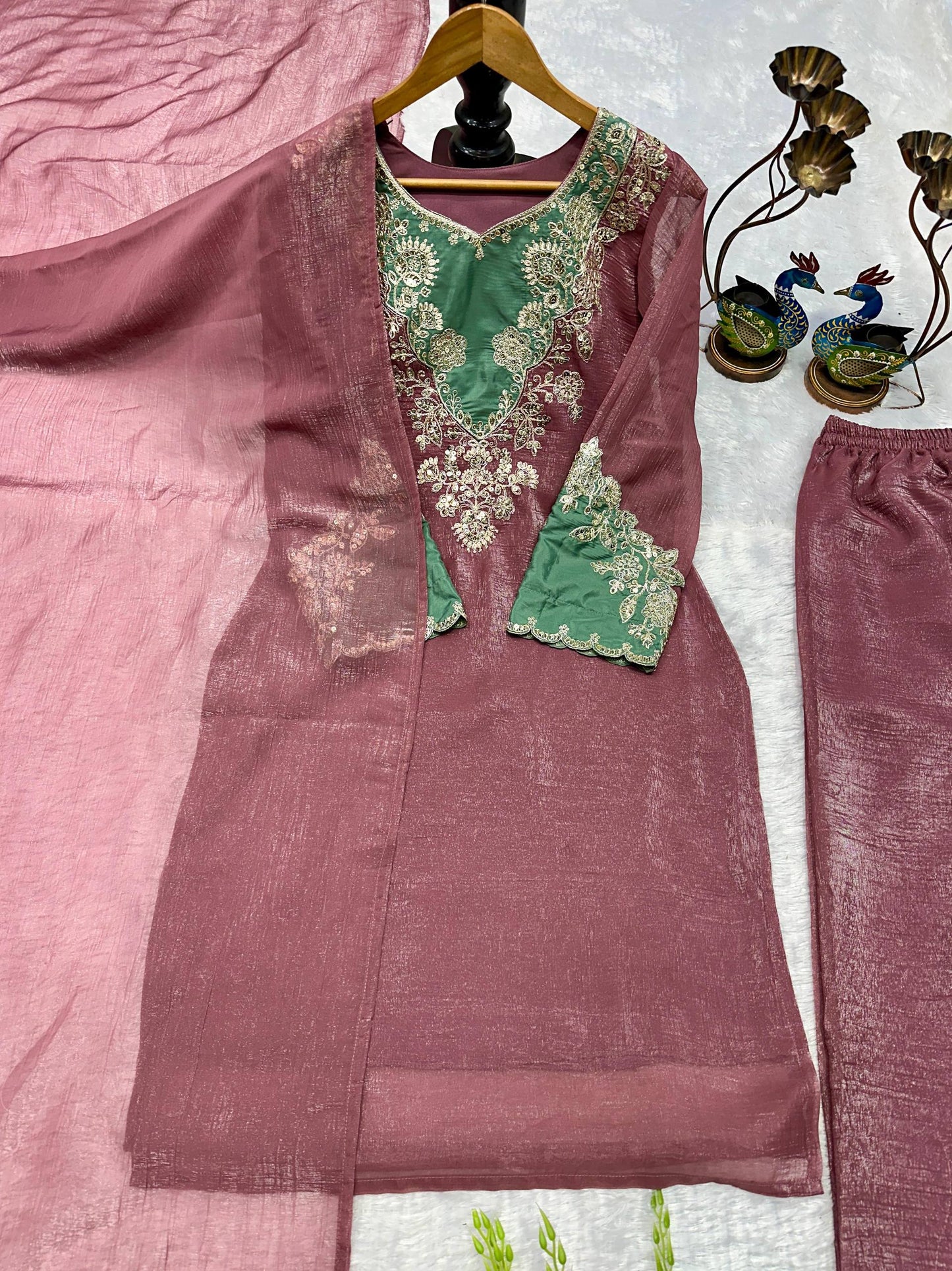 Beautiful Heavy Crunchy Silk Suit Set With Elegant Embroidery Cut Work
