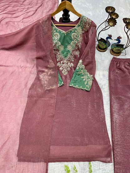 Beautiful Heavy Crunchy Silk Suit Set With Elegant Embroidery Cut Work