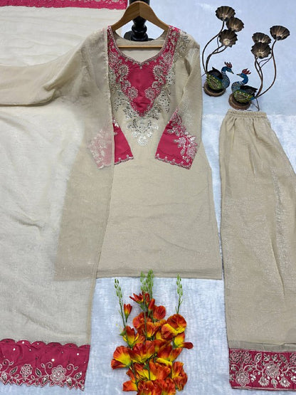 Beautiful Heavy Crunchy Silk Suit Set With Elegant Embroidery Cut Work