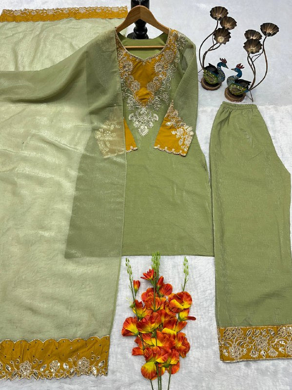 Beautiful Heavy Crunchy Silk Suit Set With Elegant Embroidery Cut Work