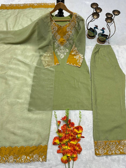 Beautiful Heavy Crunchy Silk Suit Set With Elegant Embroidery Cut Work