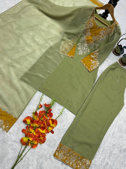 Beautiful Heavy Crunchy Silk Suit Set With Elegant Embroidery Cut Work