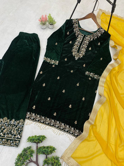 Green Color Velvet Fabric With Embroidery Work Top Plazzo