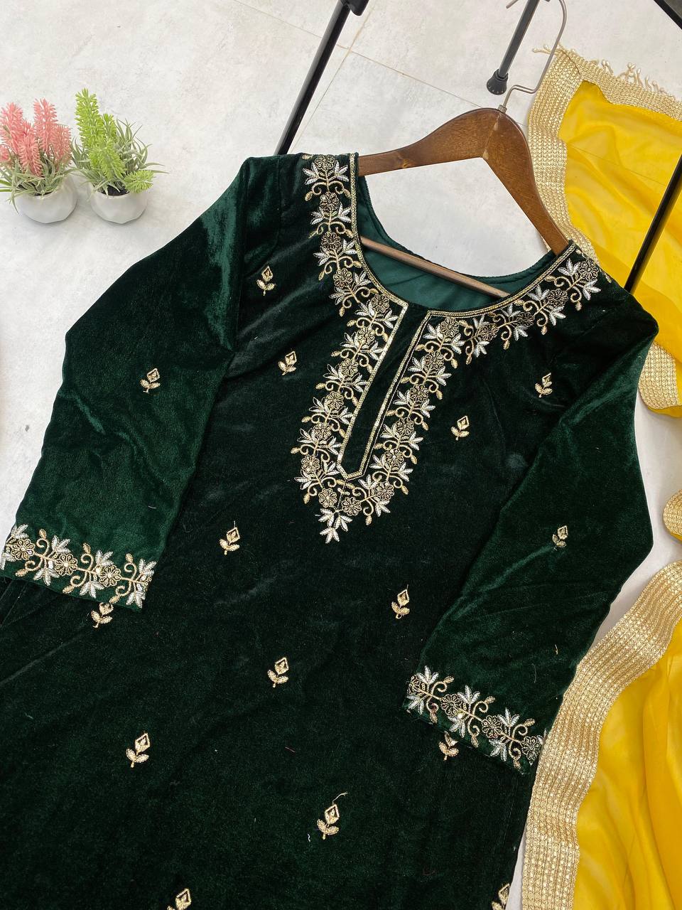 Green Color Velvet Fabric With Embroidery Work Top Plazzo