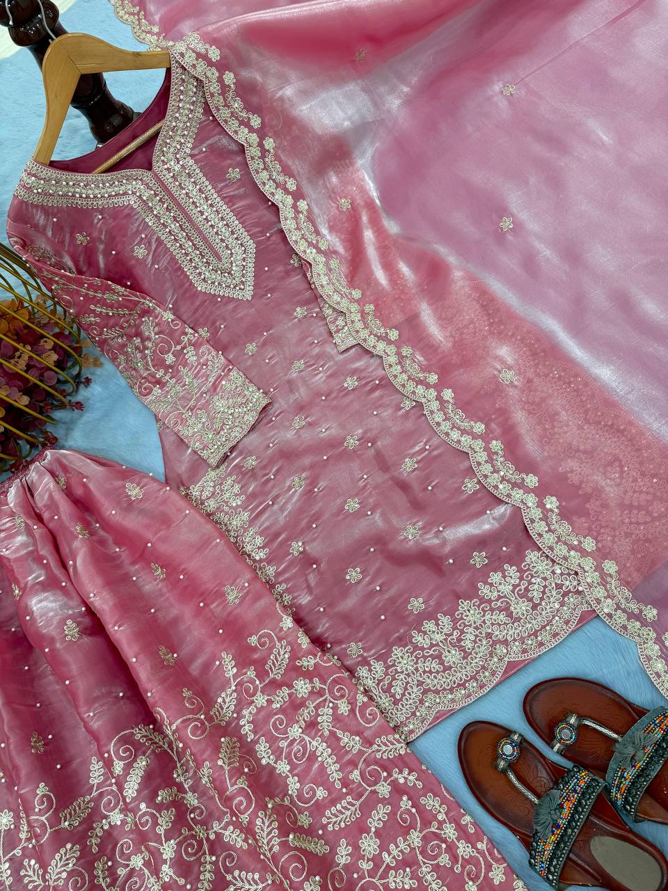 Elegant Pure Jimmy Chu Silk Top-Plazzo Set with Dupatta