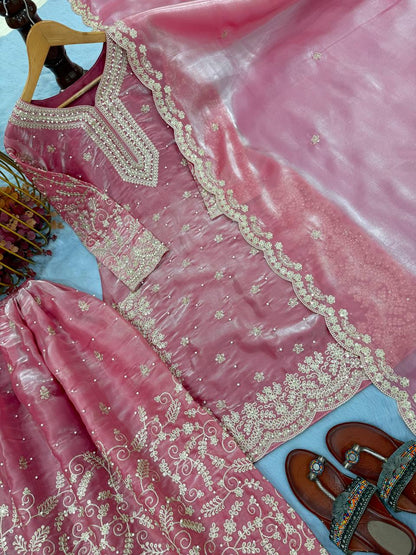 Elegant Pure Jimmy Chu Silk Top-Plazzo Set with Dupatta