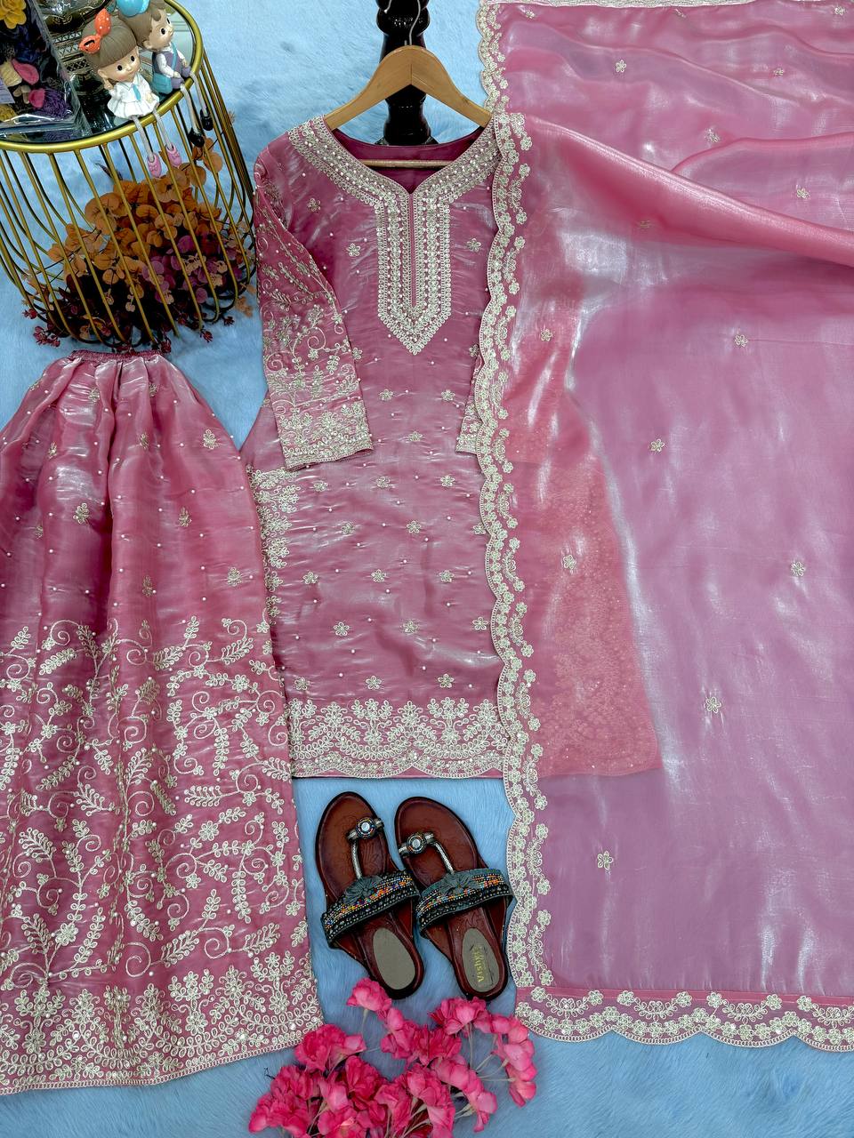 Elegant Pure Jimmy Chu Silk Top-Plazzo Set with Dupatta