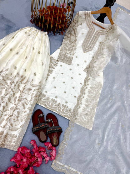 Elegant Pure Jimmy Chu Silk Top-Plazzo Set with Dupatta