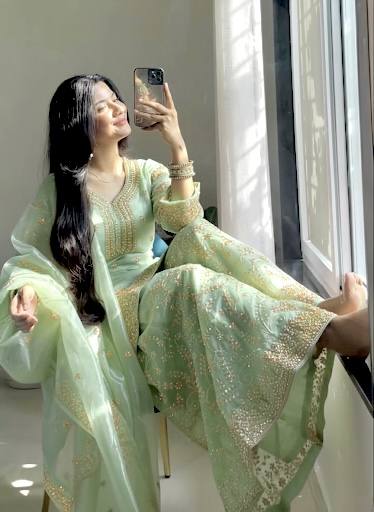 Elegant Pure Jimmy Chu Silk Top-Plazzo Set with Dupatta