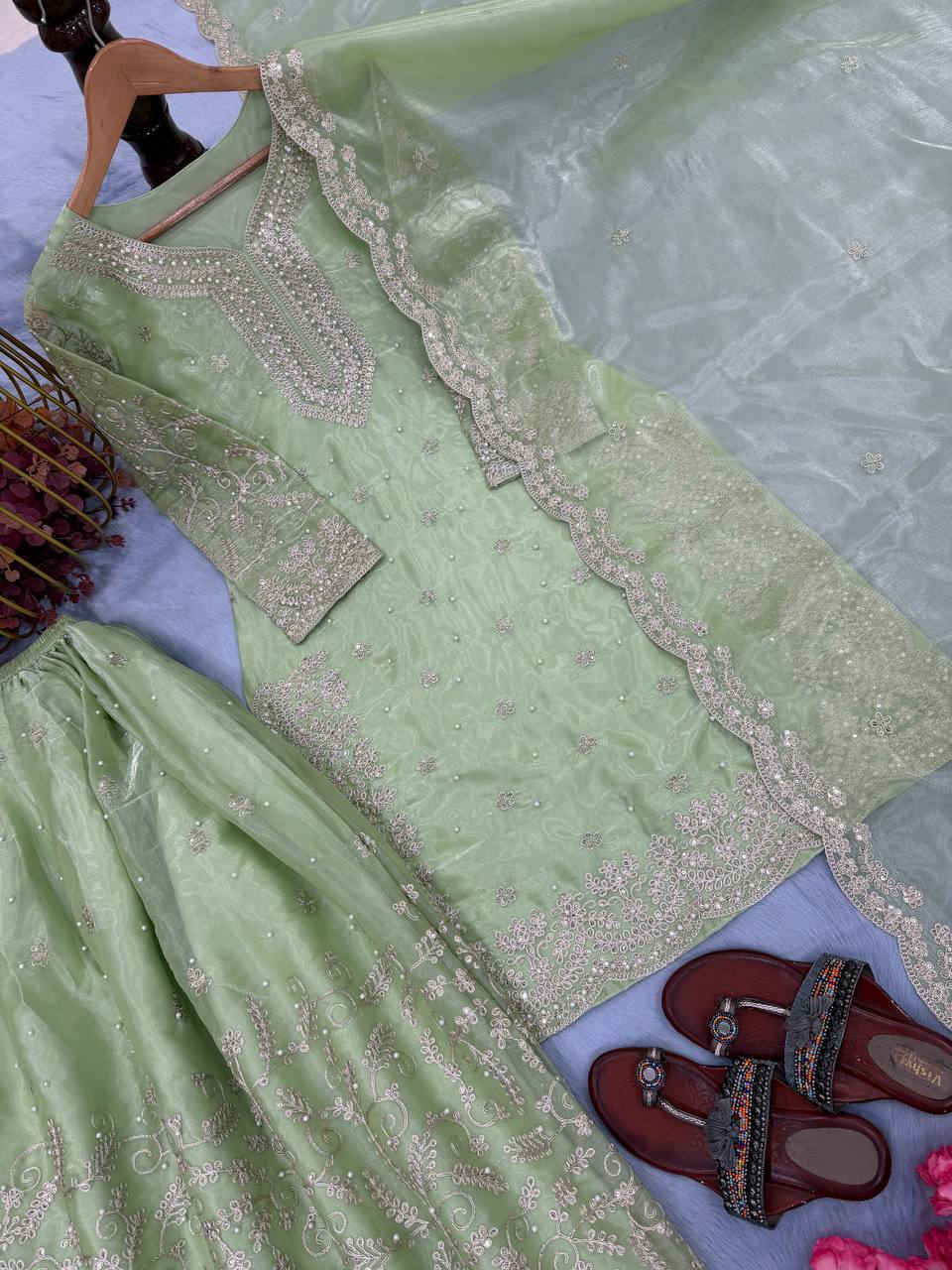 Elegant Pure Jimmy Chu Silk Top-Plazzo Set with Dupatta