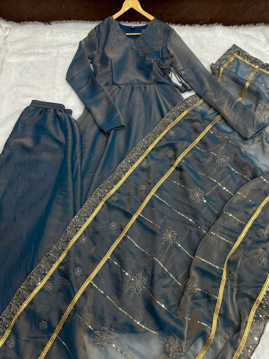 Beautifull French Moss With Crap Inner Embroidery Work Gown