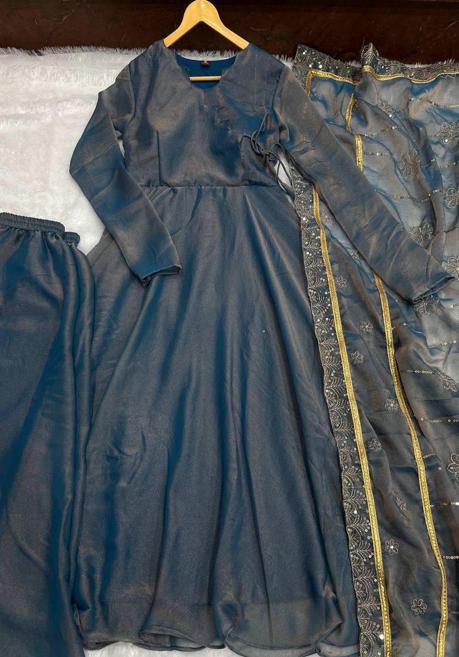 Beautifull French Moss With Crap Inner Embroidery Work Gown