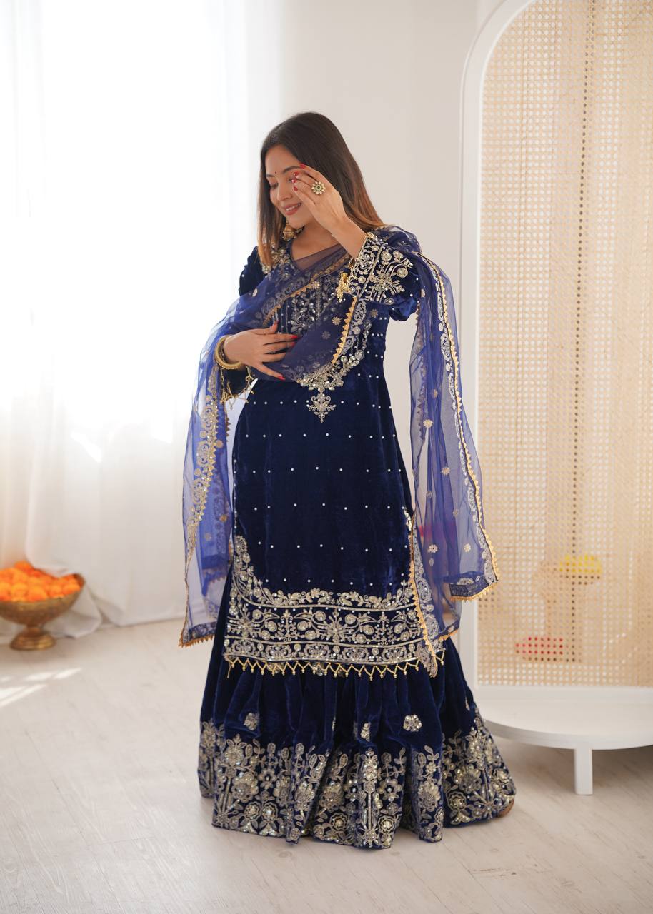 Designer Party Wear Heavy Viscose Velvet Top with Sharara