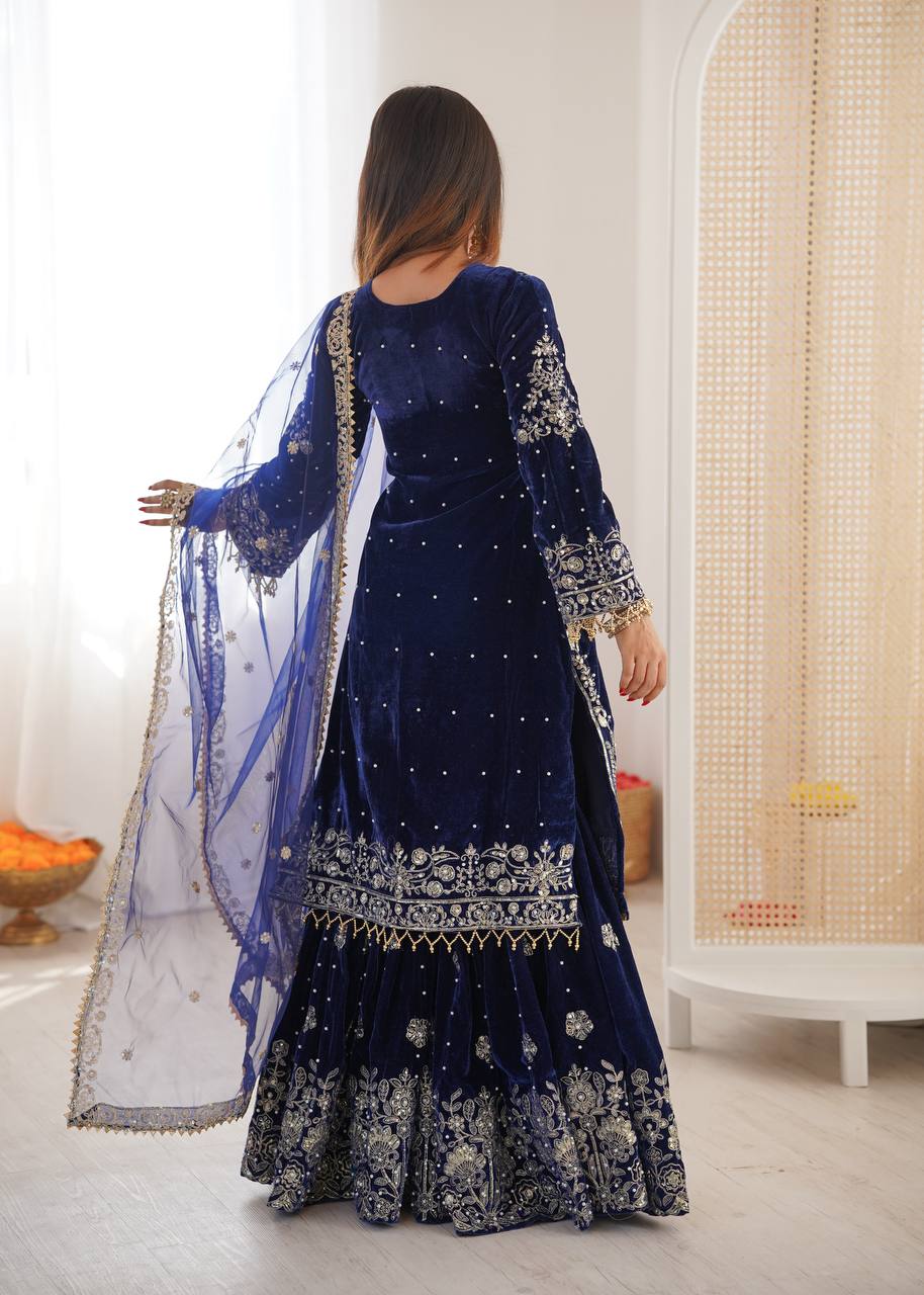 Designer Party Wear Heavy Viscose Velvet Top with Sharara