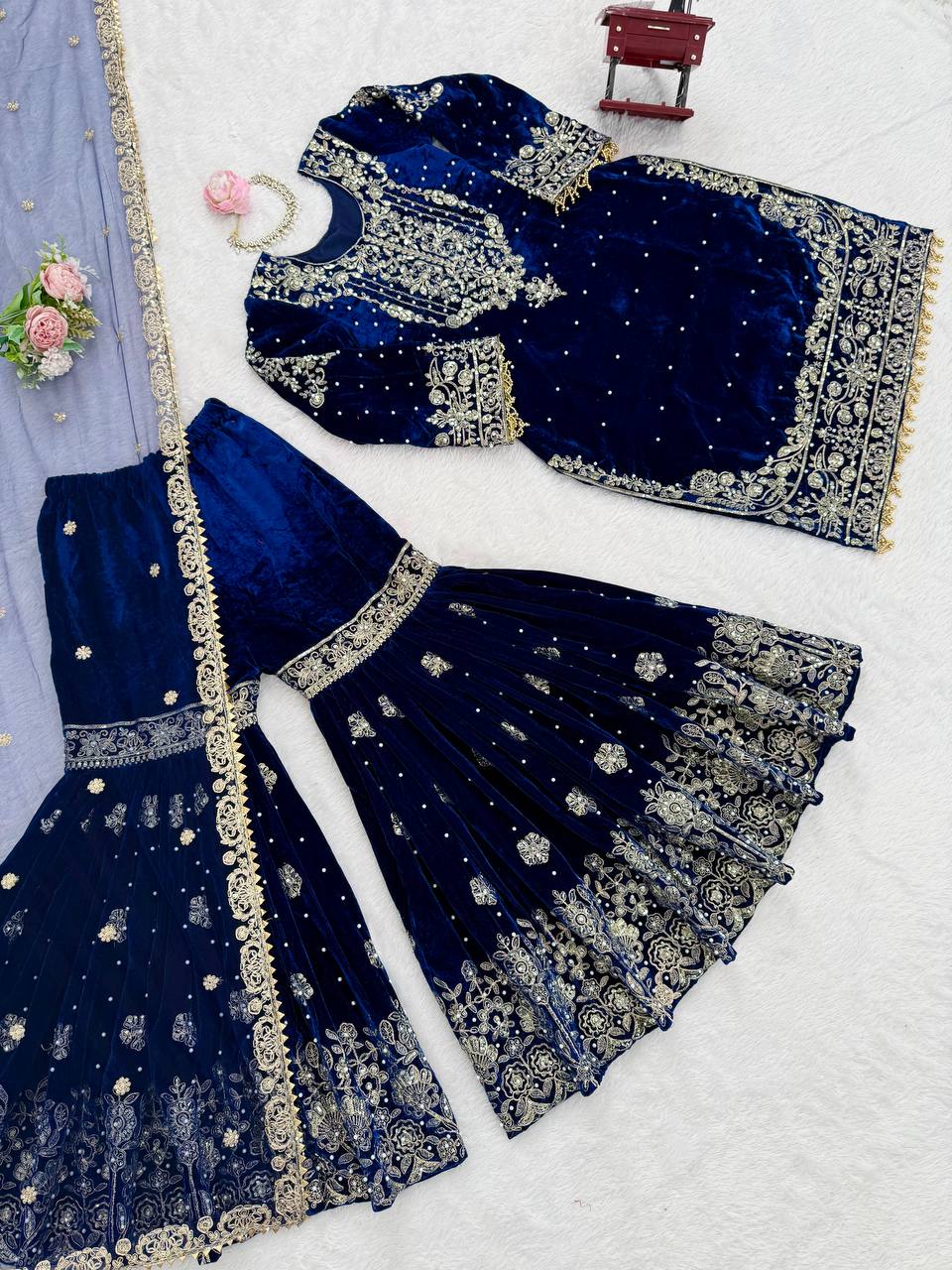 Designer Party Wear Heavy Viscose Velvet Top with Sharara
