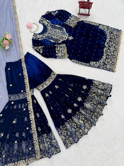 Designer Party Wear Heavy Viscose Velvet Top with Sharara