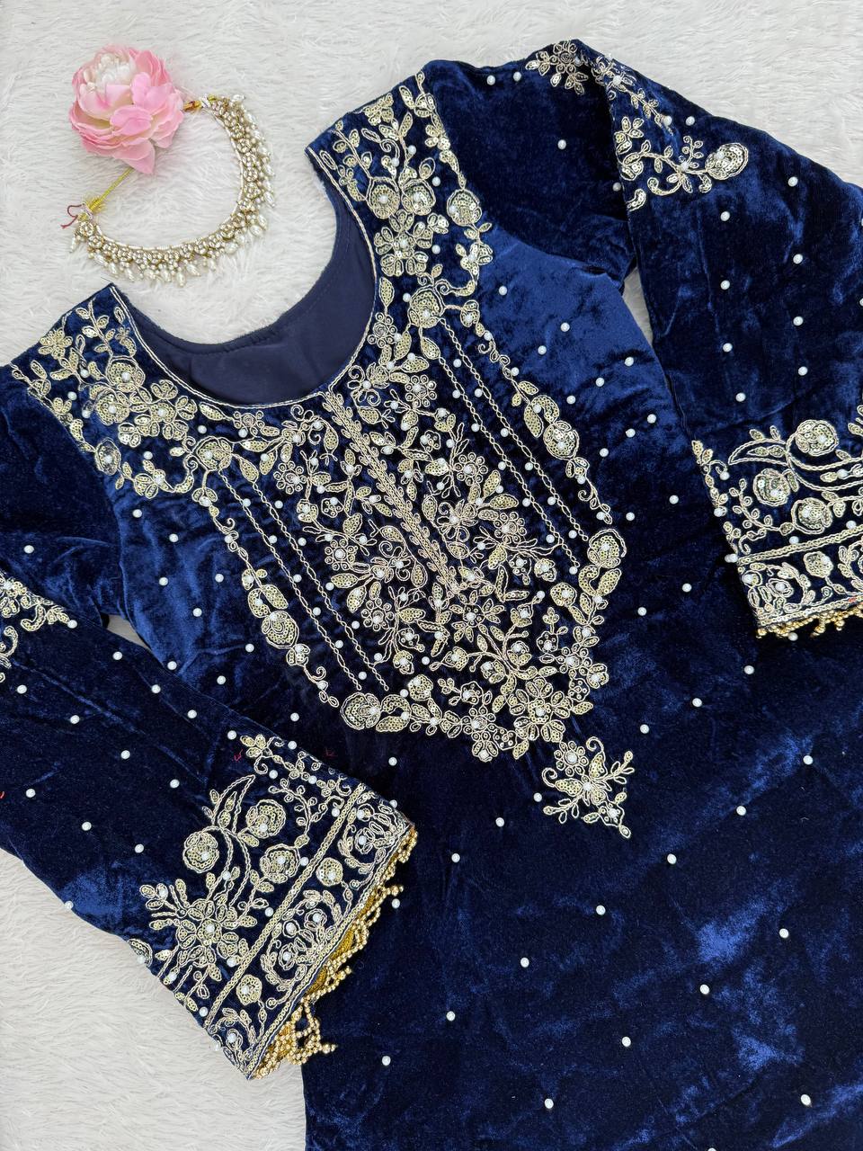 Designer Party Wear Heavy Viscose Velvet Top with Sharara