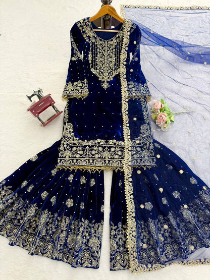 Designer Party Wear Heavy Viscose Velvet Top with Sharara