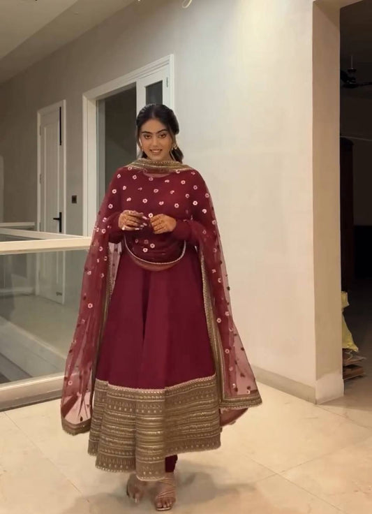Havy Roman Silk With Embroidery Work Gown