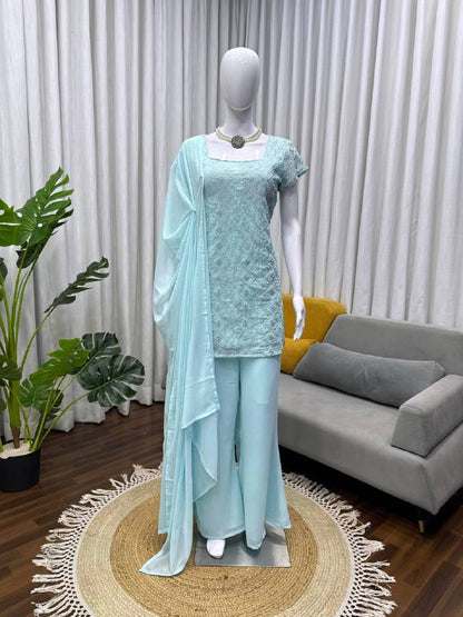 Faux Georgette Thread & Sequience Work Top Pent