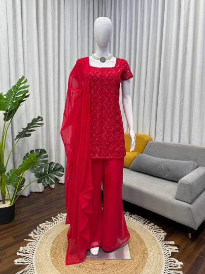 Faux Georgette Thread & Sequience Work Top Pent